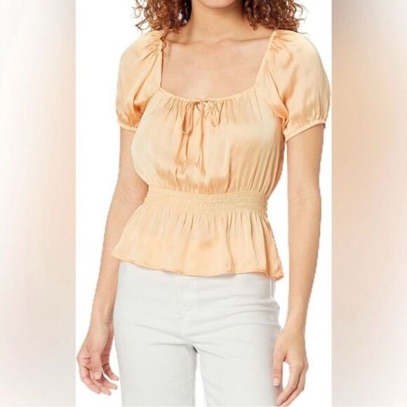 Paige Olenna Women's XL Orange Puff Sleeve Square Neck Smoked Waist Blouse/Top - Picture 1 of 9